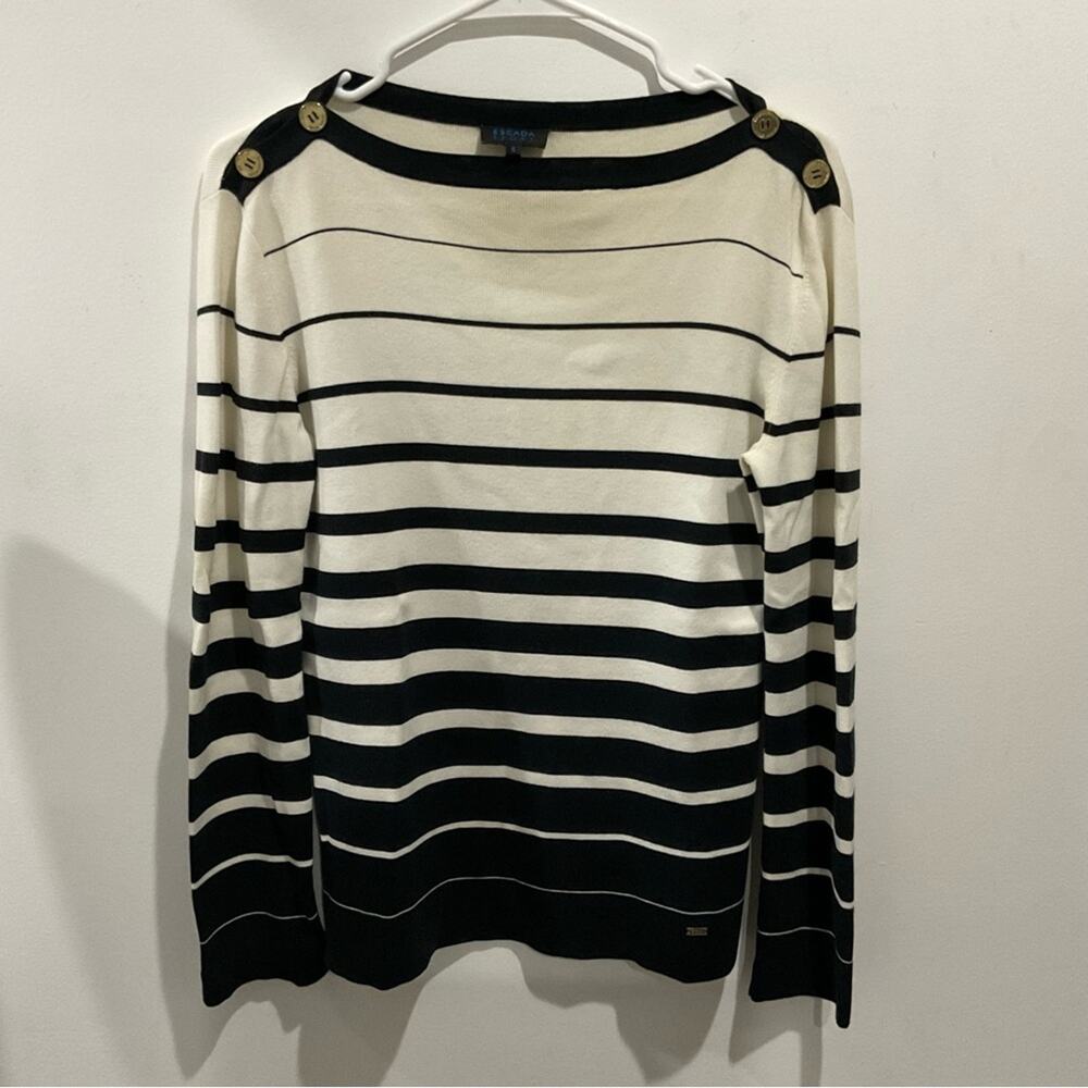 Escada Sport Black and White Striped Boatneck Sweater with Shoulder Buttons sz S